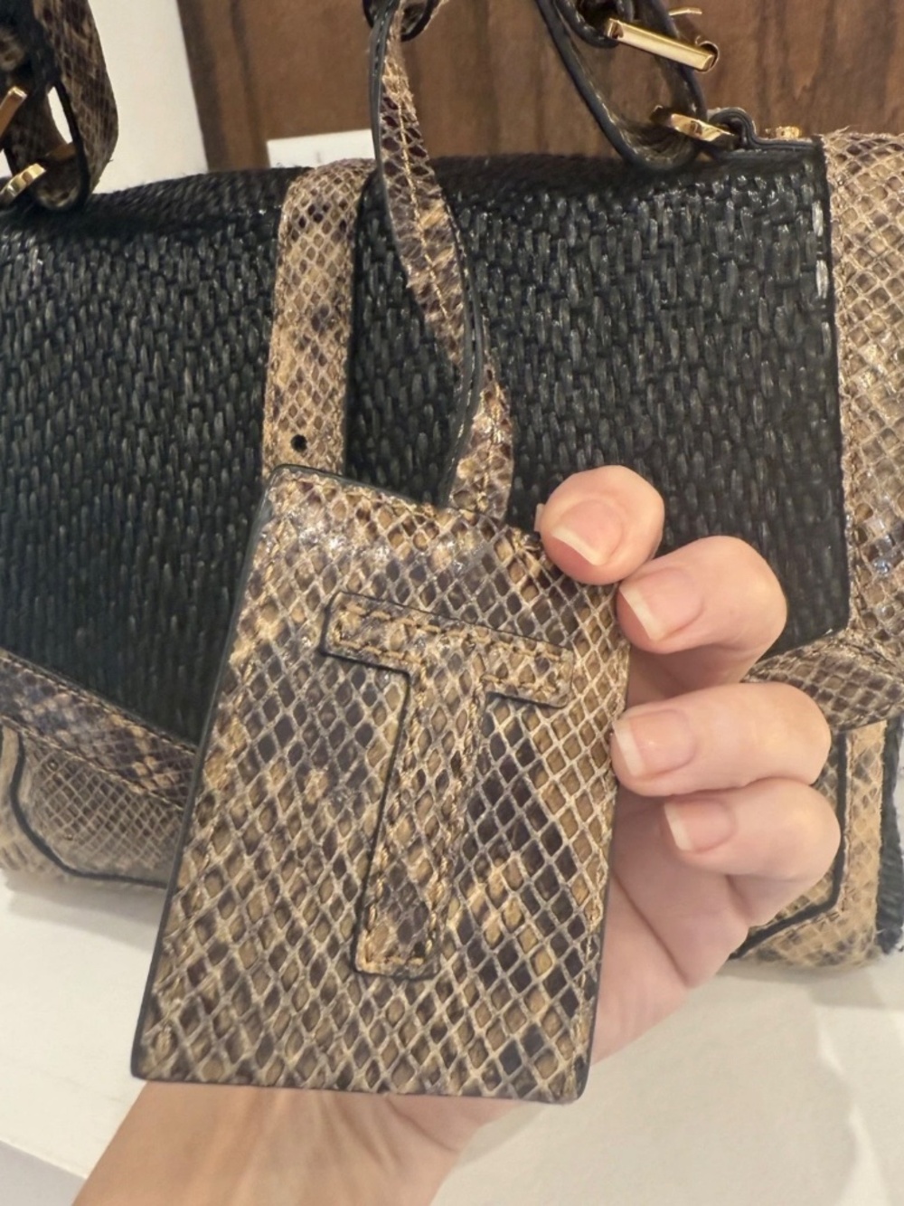 Tory Burch Black Woven and Snake-Print Brown Top Handle Shoulder Bag - Picture 5 of 16